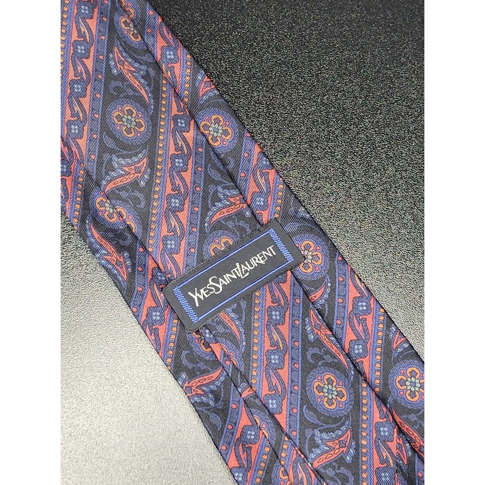 Vintage Yves Saint Laurent Tie Navy Red Purple Geometric Floral 3.25in